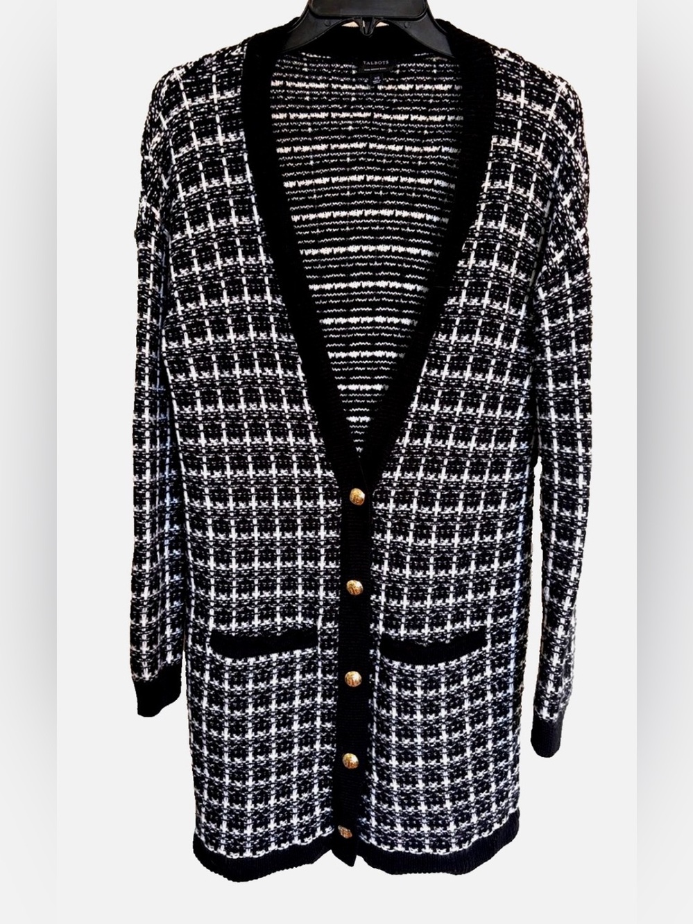 Talbots 100% Merino Wool Long Cardigan XS Black White Tweed Gold Buttons